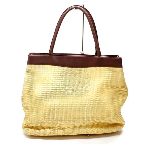 Chanel Brown and Yellow Raffia and Leather CC Tote - Picture 1 of 9